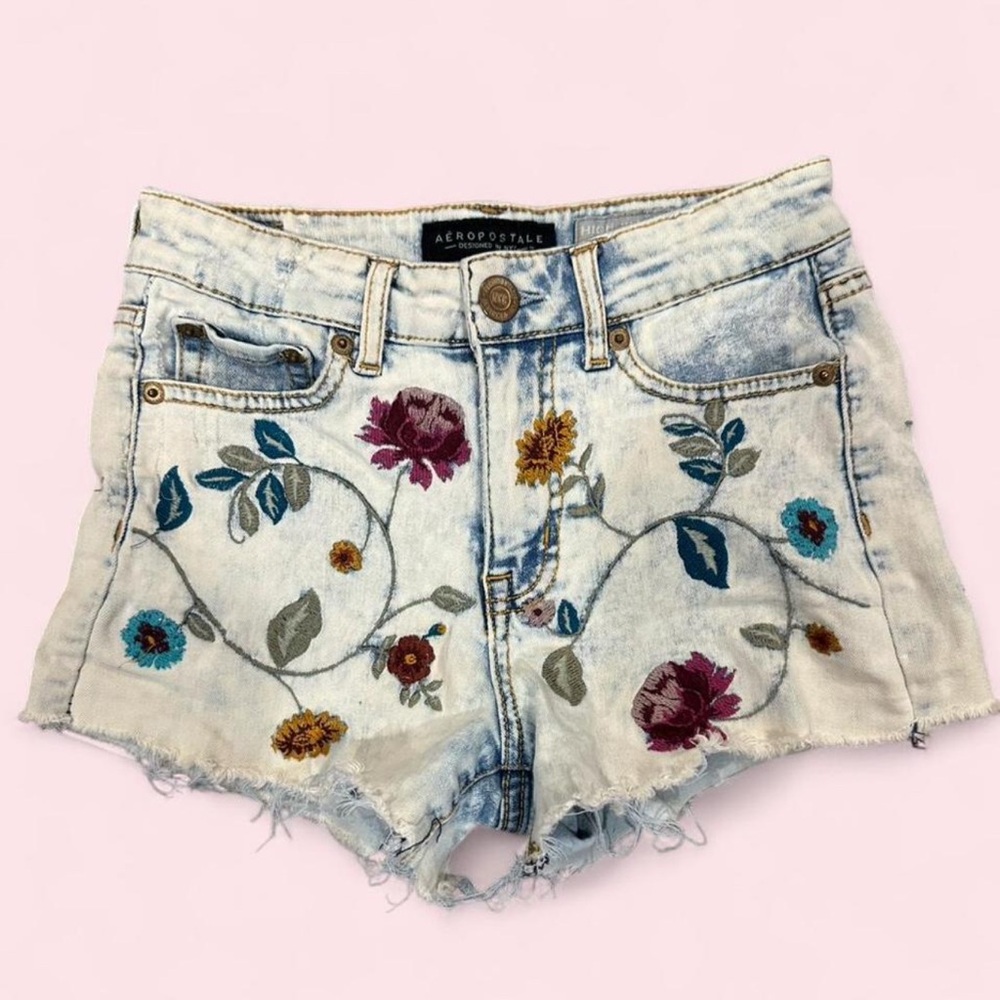 Aeropostale Light Wash Denim Shorts with Multicolor Floral Embroidery